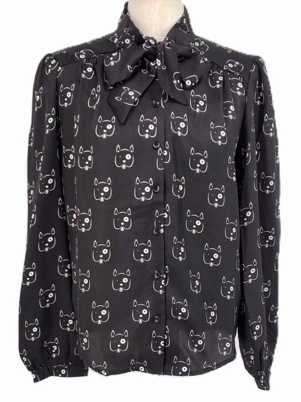 Tulip B Black & White Dog Pup Print Tie Neck Blouse NWT